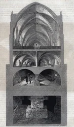 Doorsnede van het Napoleon-lyceum in Parijs (tegenwoordig Lycée Henri IV). Van boven naar beneden: de refter, de keuken, de kelders, de catacomben. Gravure door Therond. In 