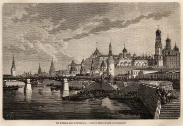Algemeen overzicht van Moskou, genomen vanaf de Moskowa. Illustratie van de reis van Shanghai naar Moskou, van 1859 tot 1862, van M. de Bourboulon, minister van Frankrijk in China. Gravure in 