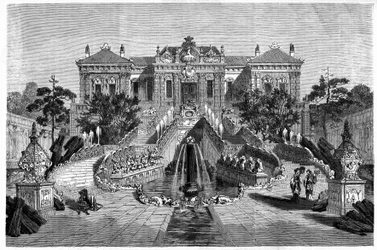 Haiyan Tang Paviljoen heeft westerse architectuur in Ete Paleis in Peking (Beijing). Gravure naar een tekening van Therond, in 