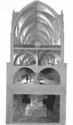 Doorsnede van de keuken, kelders en catacomben van de Napoleon middelbare school in Parijs (gravure)