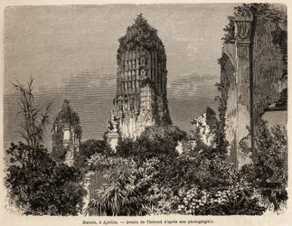 De ruïnes overgenomen door de vegetatie van de jungle, in Ajuthia (Thailand), tekening door Therond, ter illustratie van de reis door de koninkrijken Siam, Cambodja en Laos, van 1858 tot 1861, door Henri Mouhot. Gravure in 