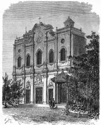 Uitzicht op de gevel van de kathedraal van Nantang, gebouwd op de plaats van het huis van Matteo Ricci (1552-1610), vader van het katholicisme in China. Gravure naar een tekening van Therond, in 