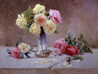 Stilleven van roze en gele rozen. Schilderij van Emile Vernon (1872-1919) Privécollectie.