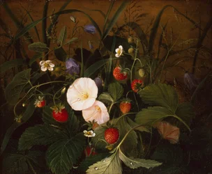 Wilde aardbeien, blauwe klokjes en een heggewinde op een oever