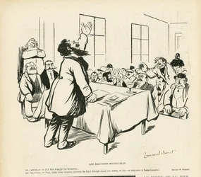 Illustratie van Emmanuel Barcet in Le Rire, 09/05/08 - Gemeenteraadsverkiezingen - Verkiezingen, Politieke bijeenkomst, bijeenkomst, verkiezingsbijeenkomst, gemeenteraadsverkiezingen