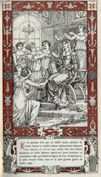 Ballet in het kasteel van Fontainebleau waarbij de dames van het hof van koning Hendrik II elk een wetenschap of kunst vertegenwoordigen. Gravure van 1914 door Emmanuel Blanche. Privécollectie