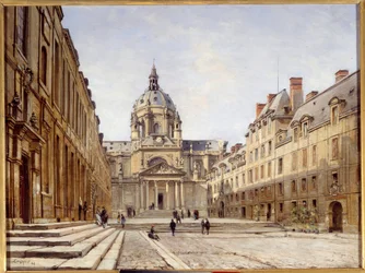 Het hof van de oude Sorbonne in Parijs. Schilderij door Emmanuel Lansyer (1835-1893)