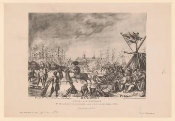 Reproductie van een tekening van een gezicht op de Nieuwe Brug door Pieter van den Berge