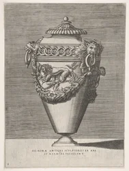 Antieke urn met deksel versierd met een motief van diamanten ringen en leeuwen, uit Vazen ..., 1543 of later