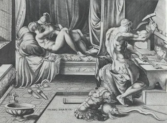 Venus en Mars omhelzen terwijl Vulcan werkt aan zijn smidse