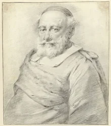 Portret van een man met witte baard en kapje op het hoofd, naar links