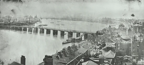 Battersea Brug: uitzicht vanaf Chelsea Kerk Toren, 1875