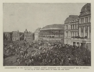 Vorderingen in de Transvaal, generaal Joubert spreekt de gevorderde mannen toe in Pretoria op 23 mei voordat ze naar het front trekken