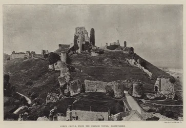 Kasteel Corfe, vanaf de kerktoren, Dorsetshire