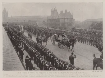 Earl Roberts in Bristol, de opperbevelhebber op weg om de bazaar in Colston Hall te openen