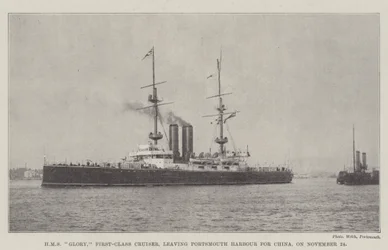 HMS Glory, eersteklas kruiser, vertrekt uit de haven van Portsmouth naar China op 24 november