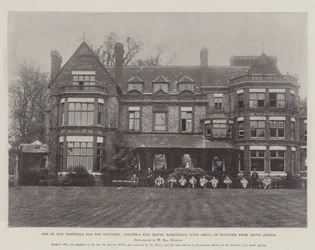 Een van onze ziekenhuizen voor de gewonden, Golders Hill House, Hampstead, met een groep gewonden uit Zuid-Afrika