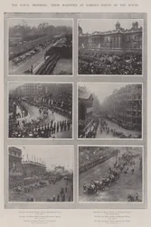 De koninklijke voortgang, hun Majesteiten op verschillende punten van de route