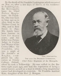 De overleden Sir Franklin Lushington, Hoofdpolitiemagistraat van de Metropool