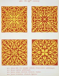 13e-eeuwse tegelontwerpen, illustratie uit Specimens of Tile Pavements, getekend van bestaande autoriteiten, door Henry Shaw, 1858