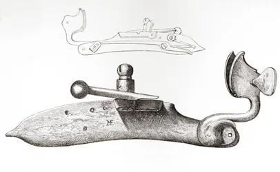 17e eeuws Snaphaan. Mechanisme of slot gebruikt voor het afvuren van een handvuurwapen, uit The British Army: Its Origins, Progress and Equipment, gepubliceerd 1868.