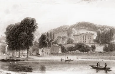 19e-eeuws uitzicht op Beaumont Lodge, Old Windsor, Berkshire, Engeland. Verkocht in 1854 aan de Sociëteit van Jezus en hernoemd tot Beaumont College, een jezuïetenschool. Uit Churton