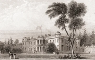19e-eeuws uitzicht op Goodwood House, West Sussex, Zuid-Engeland. Uit Churton