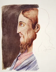 2e-eeuws portret van Christus uit de Romeinse catacomben, tekening toegeschreven aan T. Heaphy, gereproduceerd in The Outline of History: being a plain history of life and mankind door H.G. Wells, Londen