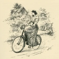 Een vrouwelijke fietser uit de 19e eeuw. Uit The Strand Magazine gepubliceerd in 1897.