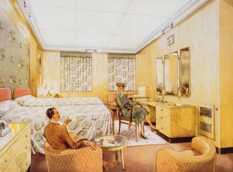 Een slaapkamer aan boord van de RMS Caronia, ca. 1950
