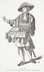 Een Marskramer, uit The Cries and Habits of the City of London door M. Lauren, 1709, frontispice illustratie uit Chap-books of the Eighteenth Century door John Ashton, gepubliceerd 1882
