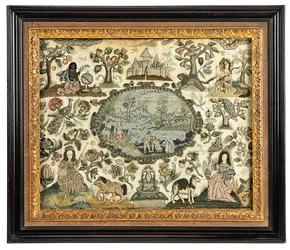 Een Charles II borduurwerk afbeelding van Afrika en de Nieuwe Wereld, ca. 1660-70