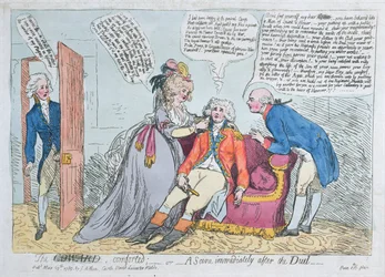 Een lafaard getroost, of een scène direct na het duel, uitgegeven door J. Aitken in 1789