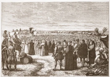 Een veldpreek bij Gent, illustratie uit De Geschiedenis van het Protestantisme door James Aitken Wylie, 1878