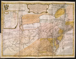 Een algemene kaart van de Midden-Britse koloniën in Amerika; namelijk Virginia, Maryland, Delaware, Pennsylvania, New Jersey, New York, Connecticut en Rhode Island: van Aquanishuonîgy, het land van de Geconfedereerde Indianen... Van de meren Erie, Ontario