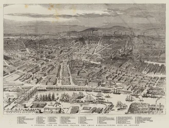 Een algemeen overzicht van Belfast, Ulster, de belangrijkste industriestad van Ierland
