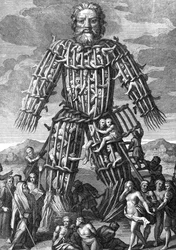 Een enorme kolos gemaakt van wilgentakken, waarin mannen levend werden verbrand ter ere van de goden, gegraveerd door Cornelis Huyberts, illustratie bij Caesars Commentaries vertaald in het Engels door William Duncan
