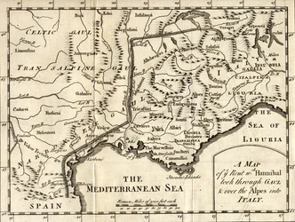 Een kaart van de route die Hannibal door Gallië en over de Alpen naar Italië nam