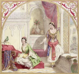 Een Moors interieur met twee vrouwen, circa 1840