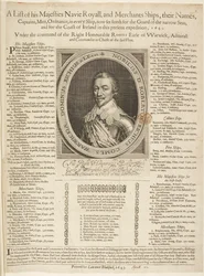 Een marine scheepslijst met portret van de graaf van Warwick