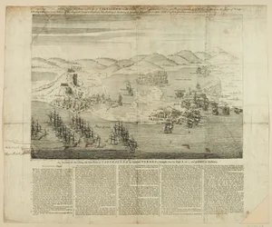 Een perspectieftekening van de stad, haven en forten van Carthagena in 1739, gepubliceerd 1741