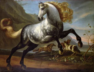 Een Pronkende Hengst met Vechtende Hengsten