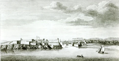 Een Uitzicht op het Moro Kasteel en de Stad Havana vanaf de zee, gegraveerd door Pierre Charles Canot