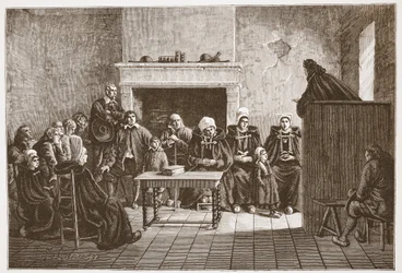 Een protestantse predikant spreekt een geheime bijeenkomst van Hugenoten toe, illustratie uit De Geschiedenis van het Protestantisme door James Aitken Wylie, 1878