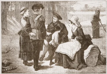 Een protestantse arbeider uit Meaux leest de Schrift voor aan zijn vrienden, illustratie uit De Geschiedenis van het Protestantisme door James Aitken Wylie, gepubliceerd in 1878