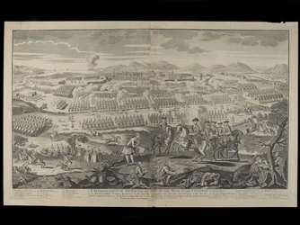Een voorstelling van de slag op Drumossie Moor bij Culloden in Schotland, 16 april 1746, uitgegeven door Henry Overton, 30 juni 1746