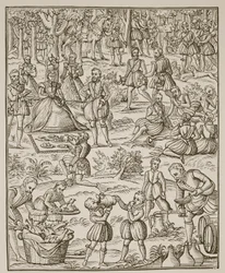 Een koninklijke picknick, plaat uit Noble Art of Venerie and Hunting door George Turberville, 1575