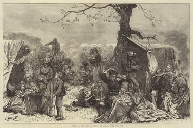 Een schets in het vluchtelingenkamp in Chicago, na de brand