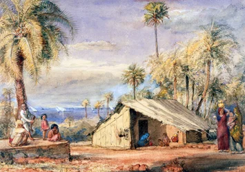 Een Toddy-Drawers Hut in een dadelpalmboomgaard, Bombay Presidency, India
