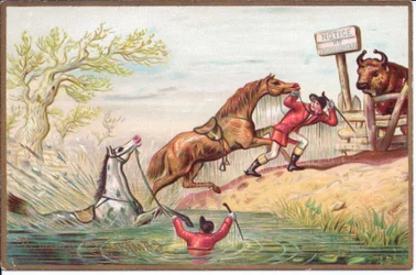 Victoriaanse kerstkaart van een paard dat in het water spartelt terwijl het andere door zijn ruiter aan land wordt getrokken, ca. 1880 (kleur litho)